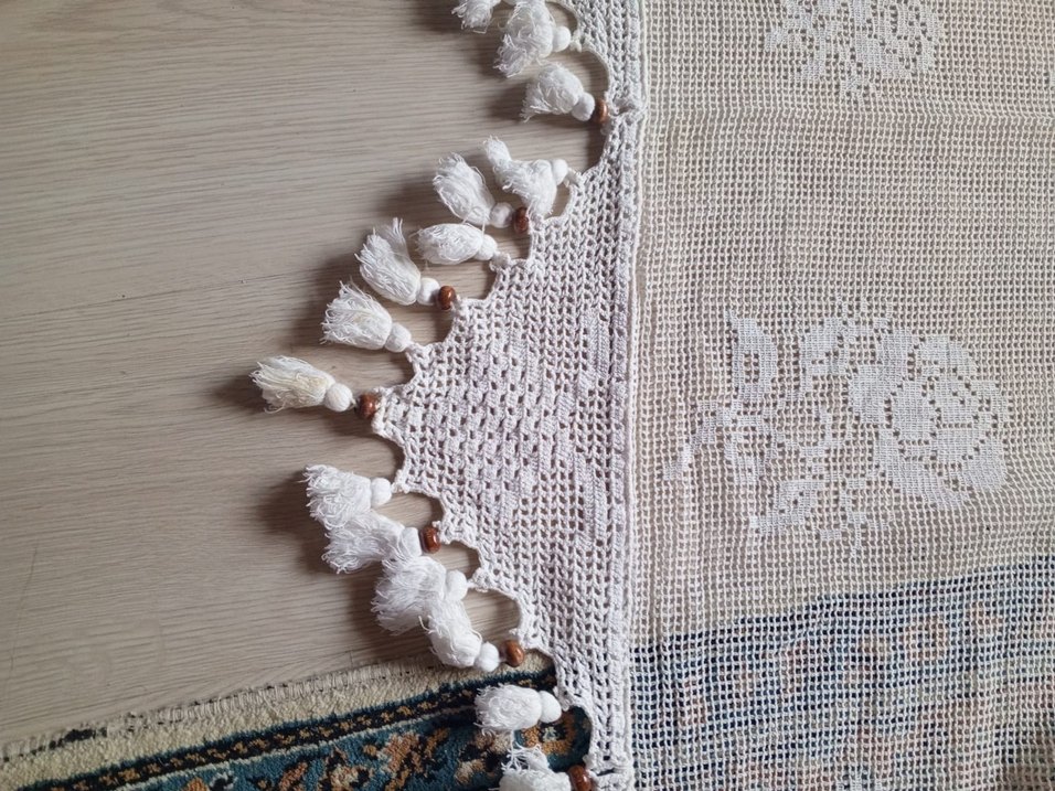 Bohem Beyaz İşlemeli Gri Püsküllü Tül Perde - Görsel 4