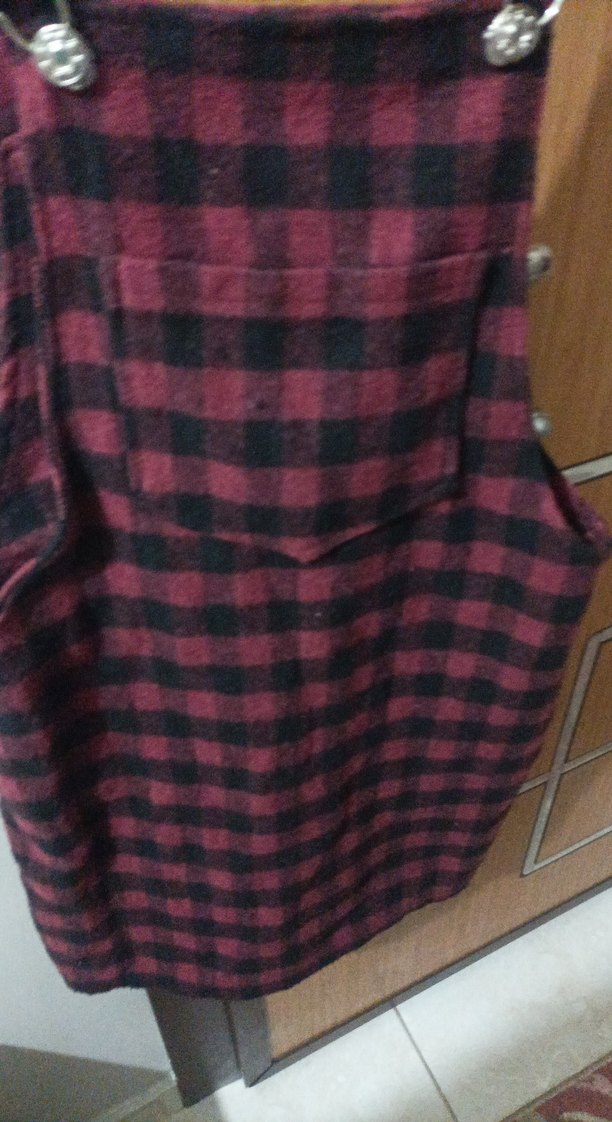 Bordo Kareli Askılı Midi Kısa Tulum - Görsel 2