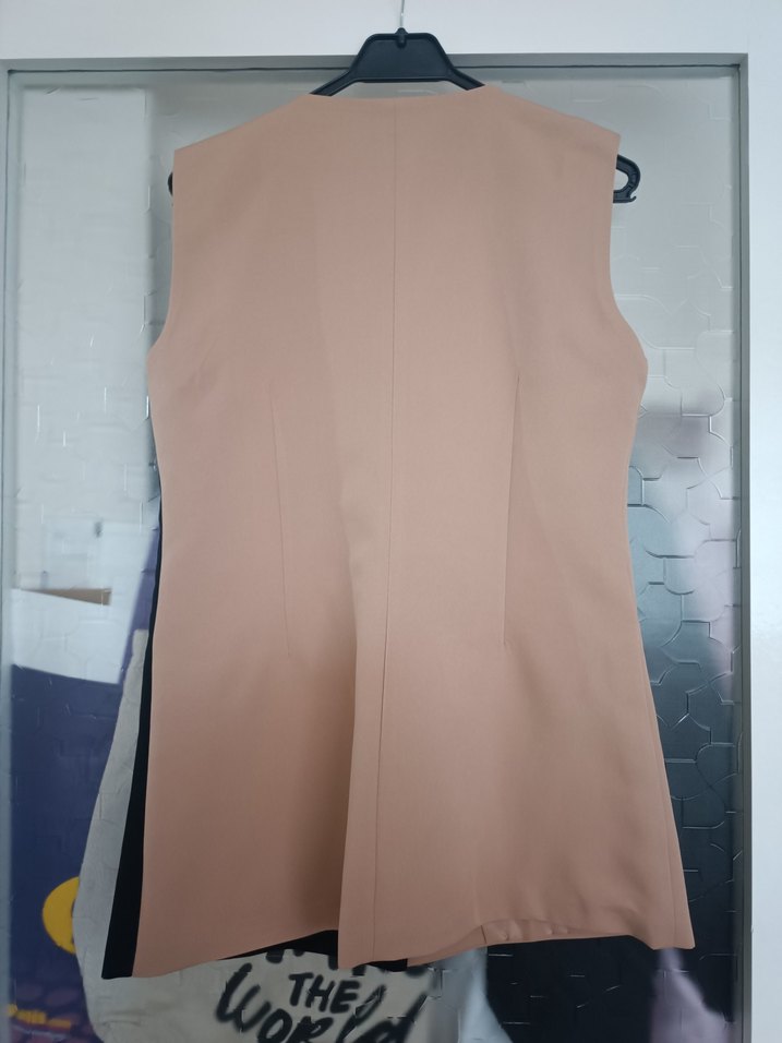 Kadın Bej-Siyah Düğmeli Midi Yelek - Görsel 2