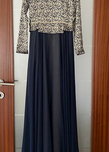 Desenli Drapeli Lacivert Uzun Abiye Elbise - Görsel 3