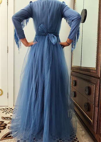 Mavi Drapeli Uzun Kollu İşlemeli Abiye - Görsel 5