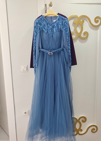 Mavi Drapeli Uzun Kollu İşlemeli Abiye - Görsel 9