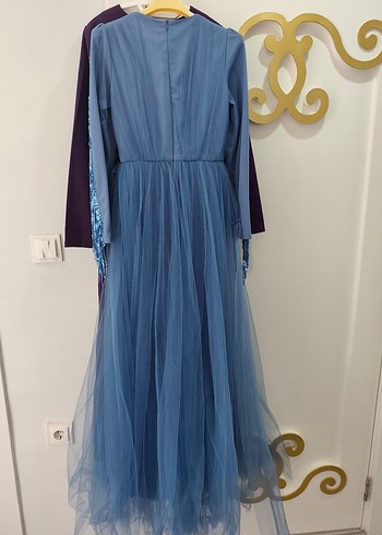 Mavi Drapeli Uzun Kollu İşlemeli Abiye - Görsel 8