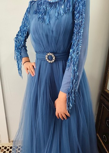 Mavi Drapeli Uzun Kollu İşlemeli Abiye - Görsel 2