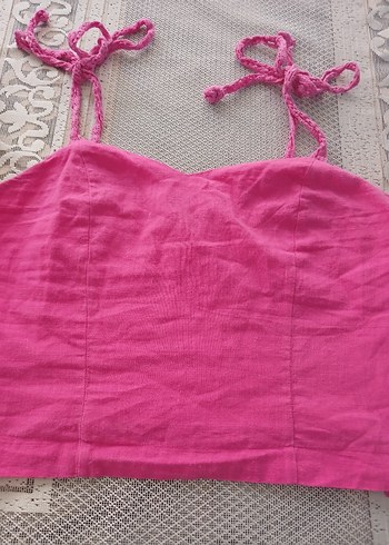 m Beden Pembe Keten Mini Crop Top m.s