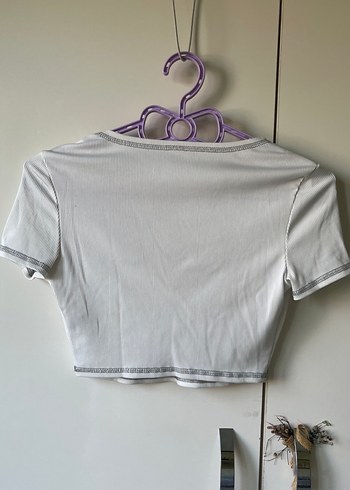 xs Beden Beyaz V Yaka Kısa Kollu Crop Top