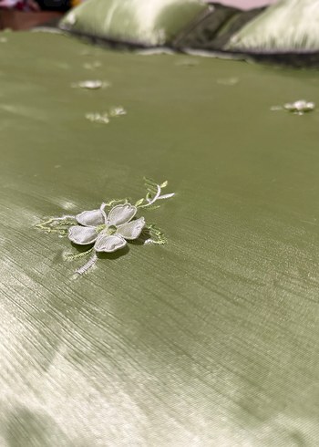 Yeşil İşlemeli saten çift kişilik Yatak Örtüsü takımı - Görsel 4