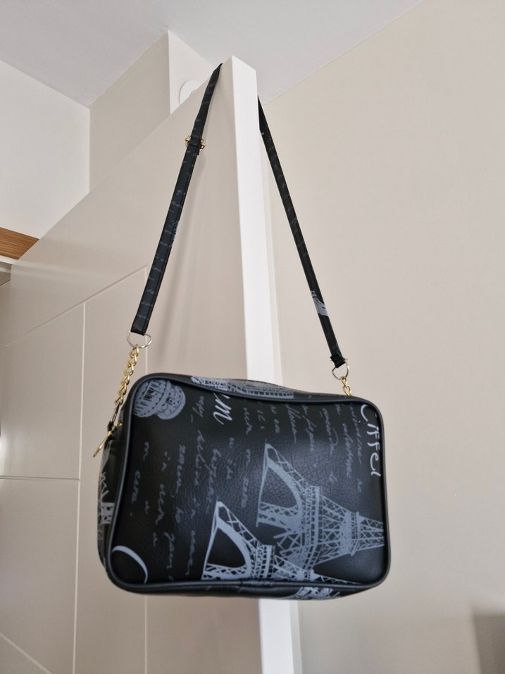 Fermuarlı Siyah Paris Desenli Deri Çanta - Görsel 4