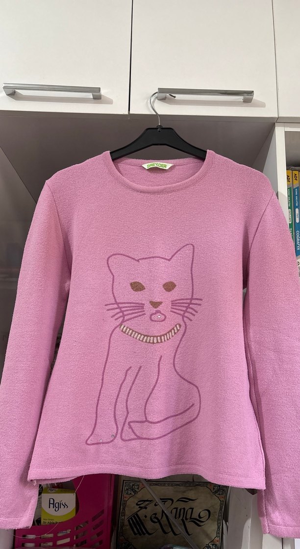 Pembe Baskılı Örgü Kedi Kazak - Görsel 3