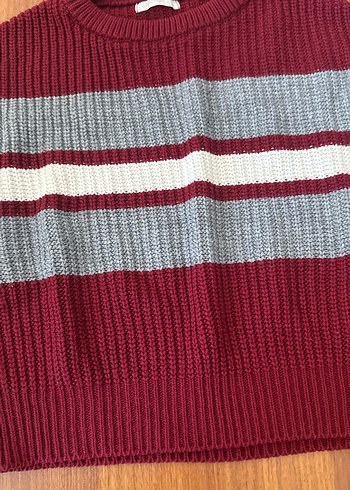 Bordo Gri Çizgili Örgü Kadın Kazak - Görsel 2