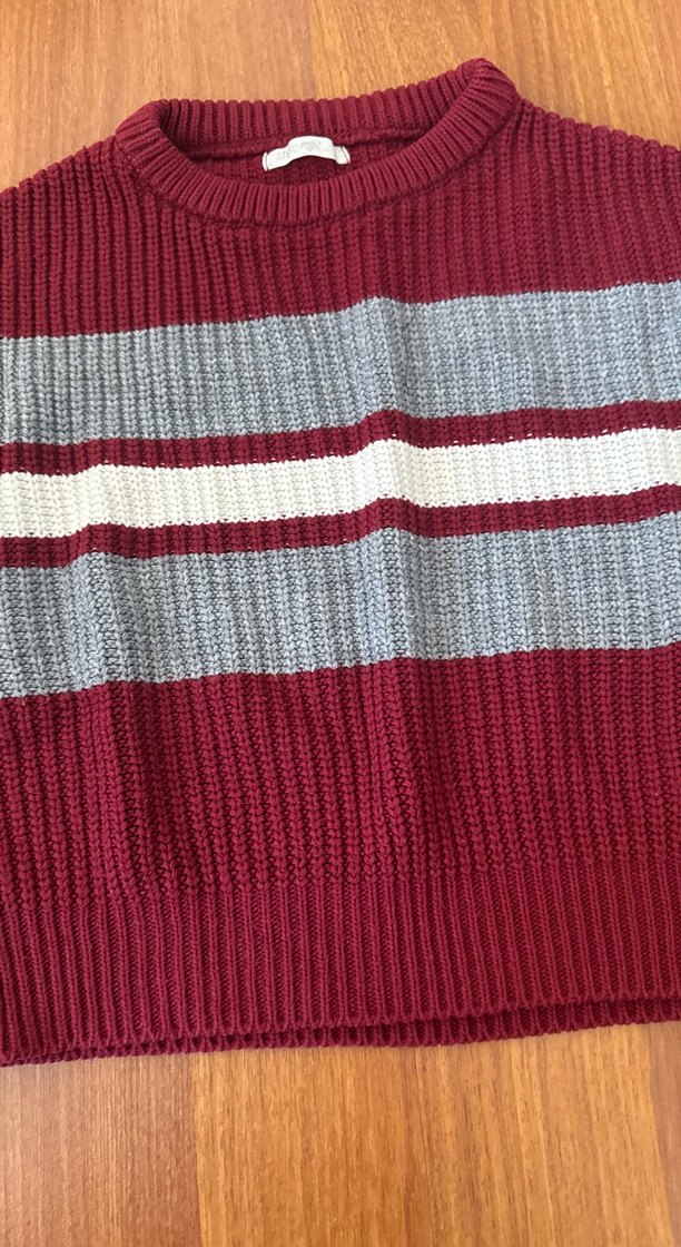 Bordo Gri Çizgili Örgü Kadın Kazak - Görsel 2