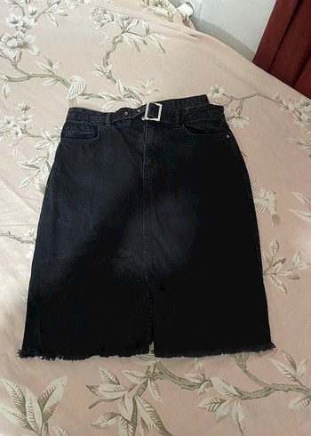 Siyah Kemerli Midi Denim Etek