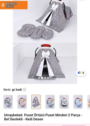 Umaybebek Gri Kedi Desenli Puset Örtüsü ve Minderi