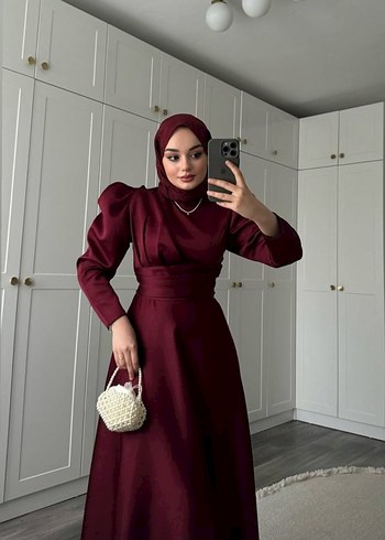 Bordo Uzun Abiye Elbise Yüksek Yaka Drapeli - Görsel 3