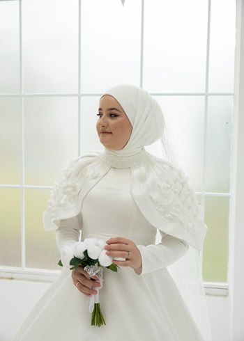 Uzun A Kesim Beyaz Tesettür Gelinlik - Görsel 5