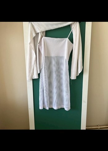 Askısız, Midi Beyaz Keten Elbise - Görsel 2