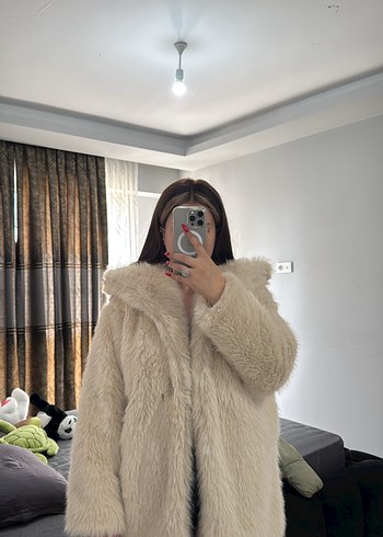Bej Midi Boy Kürk Detaylı Kadın Mont