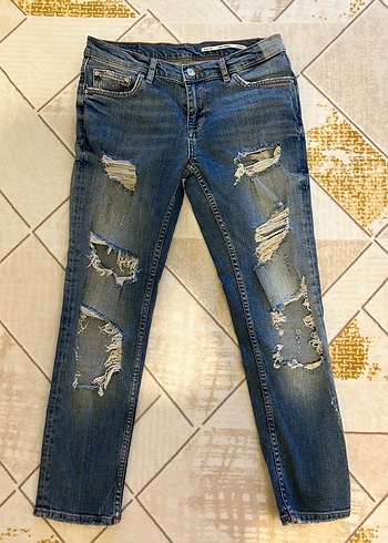 Kadın Parlak Mavi Yırtık Denim Jean
