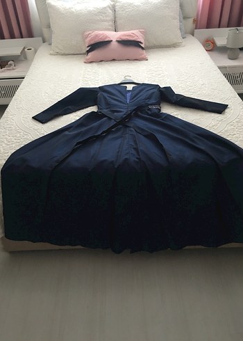 Kemerli Lacivert Uzun Kadın Elbise - Görsel 2