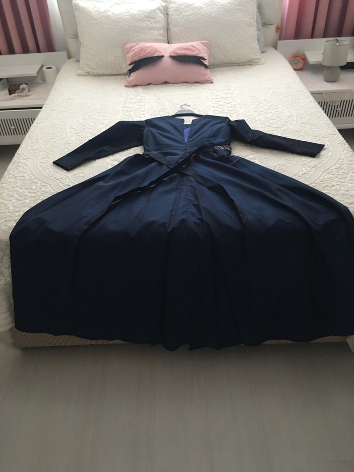 Kemerli Lacivert Uzun Kadın Elbise - Görsel 2