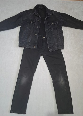 Düğmeli Siyah Çocuk Kot Takım - Görsel 2