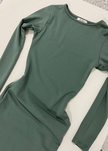 34 Beden haki Renk Kadın Uzun Haki Uzun Kollu Dar Kesim Elbise Slim Fit