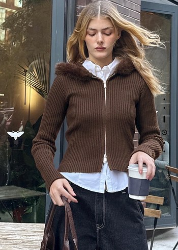 Suni kürk kapüşonlu hırka - Görsel 2