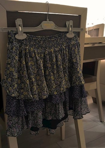 s Beden Mor Bohem Renkli Fırfırlı Mini Etek