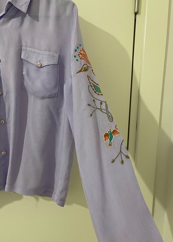 Nakışlı Mor Pamuklu Uzun Kollu Gömlek - Görsel 3