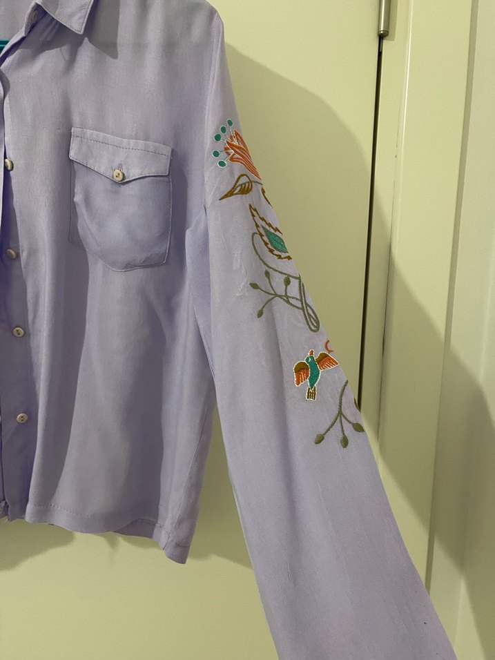 Nakışlı Mor Pamuklu Uzun Kollu Gömlek - Görsel 3