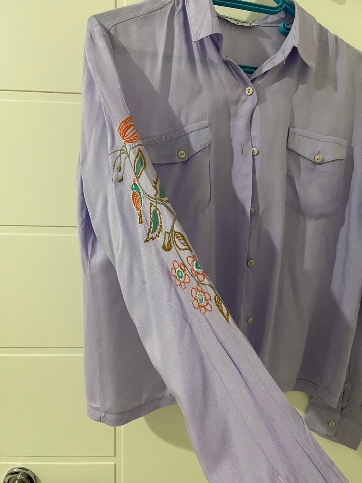 Nakışlı Mor Pamuklu Uzun Kollu Gömlek - Görsel 2