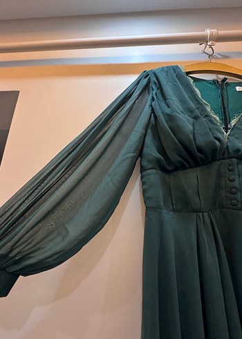 Yeşil Drapeli V Yaka Uzun Kadın Elbise - Görsel 3