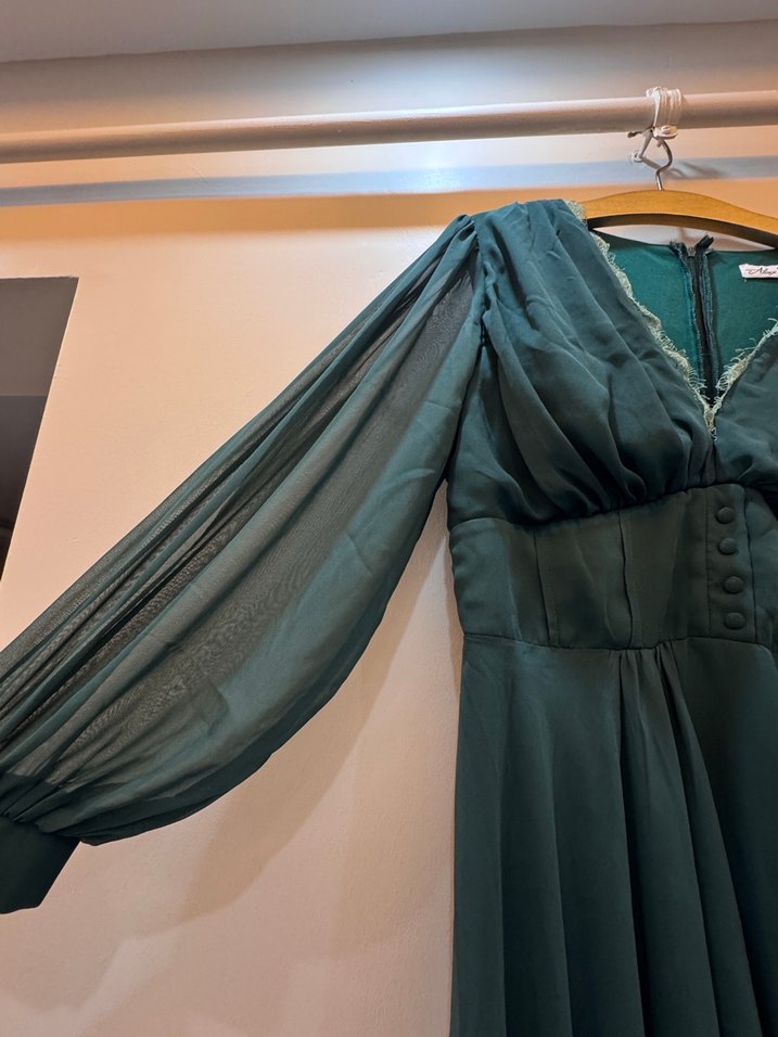 Yeşil Drapeli V Yaka Uzun Kadın Elbise - Görsel 3