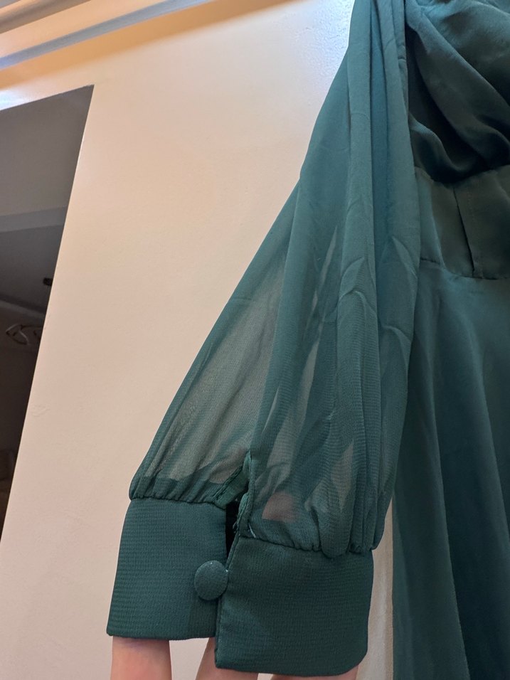 Yeşil Drapeli V Yaka Uzun Kadın Elbise - Görsel 4