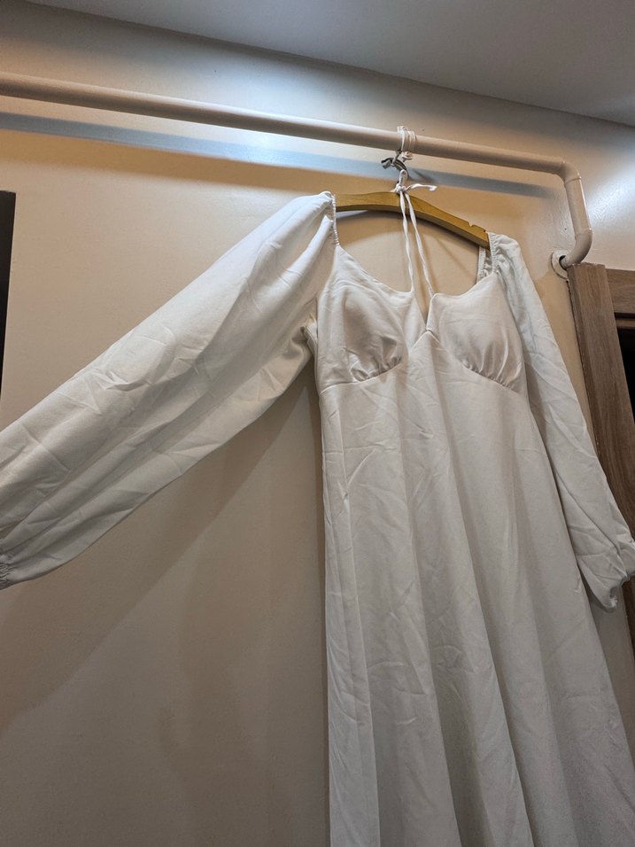 Beyaz V Yaka Midi Elbise - Görsel 3