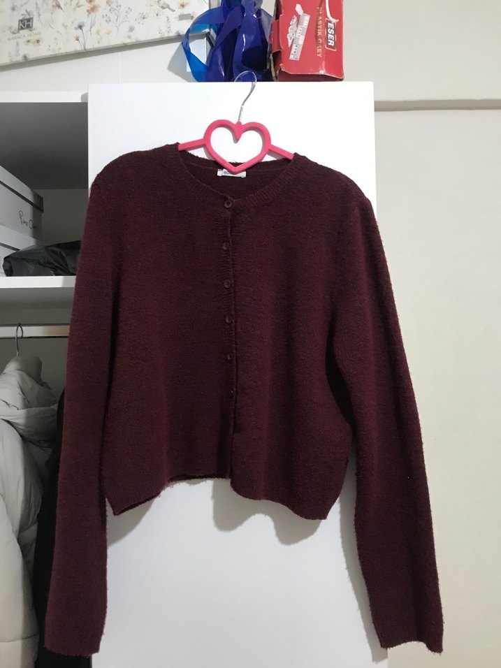 Düğmeli Bordo Kadın Yün Hırka - Görsel 3