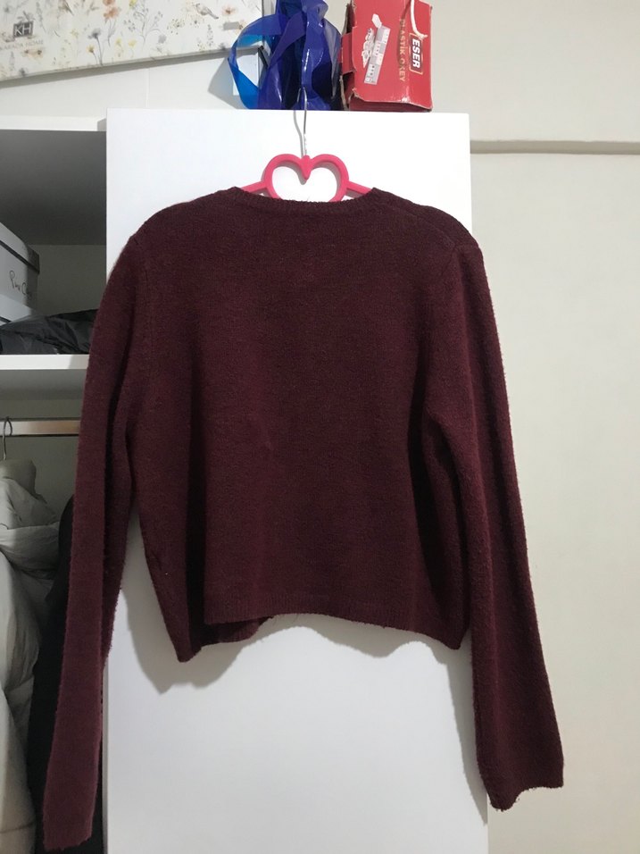 Düğmeli Bordo Kadın Yün Hırka - Görsel 4