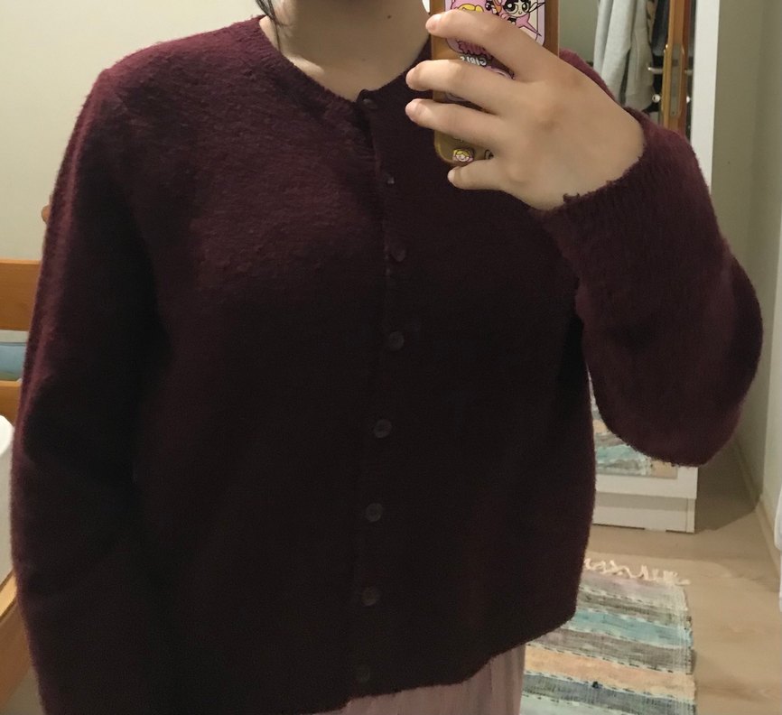 Düğmeli Bordo Kadın Yün Hırka - Görsel 2