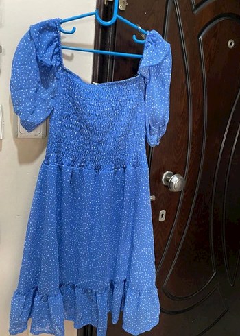 Mavi Puantiyeli Mini Fırfırlı Elbise - Görsel 2