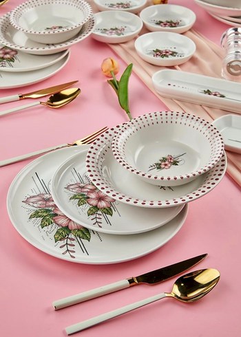 Nakış İşlemeli Pembe Yemek Takımı 32 parça - Görsel 4