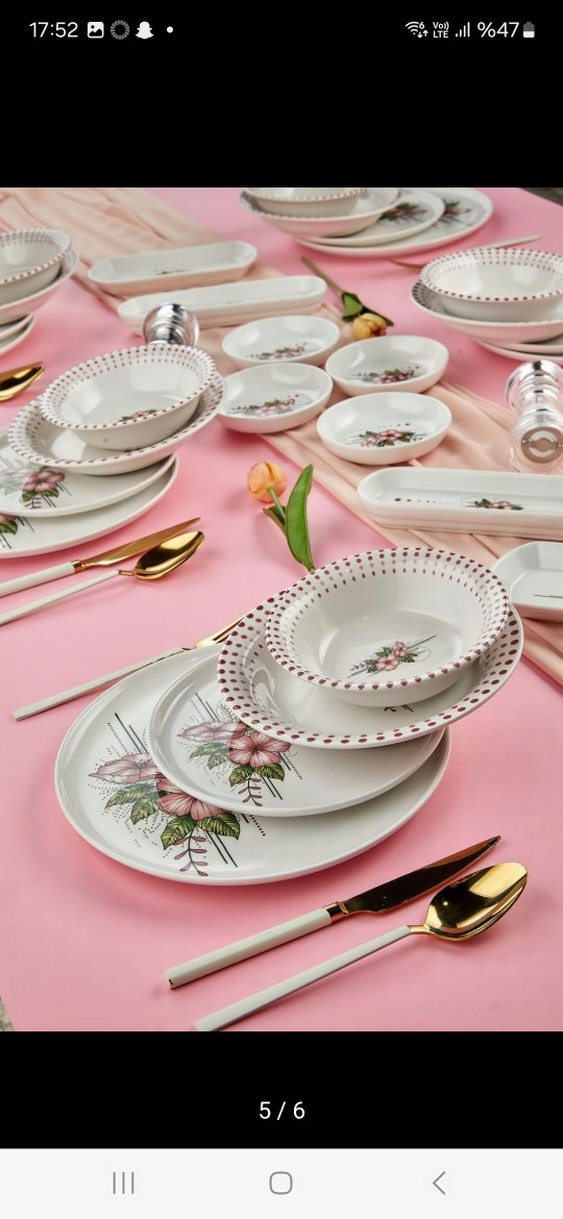 Nakış İşlemeli Pembe Yemek Takımı 32 parça - Görsel 5