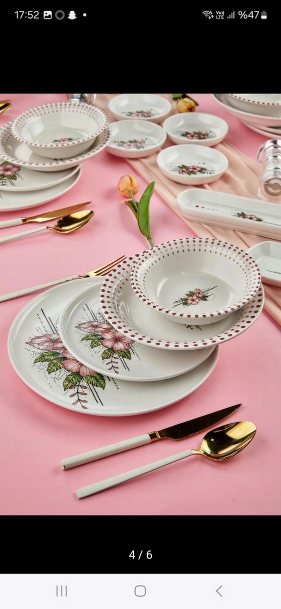 Nakış İşlemeli Pembe Yemek Takımı 32 parça - Görsel 4