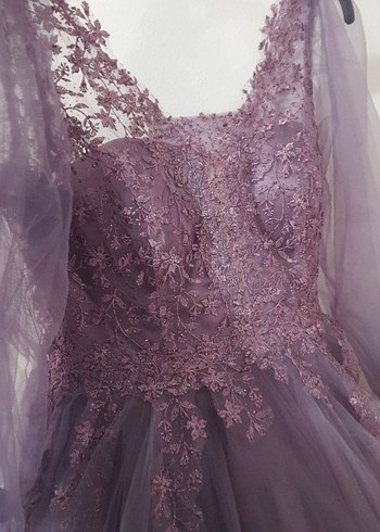 Lila Uzun Kollu Dantelli Bohem Nişan Elbisesi - Görsel 2