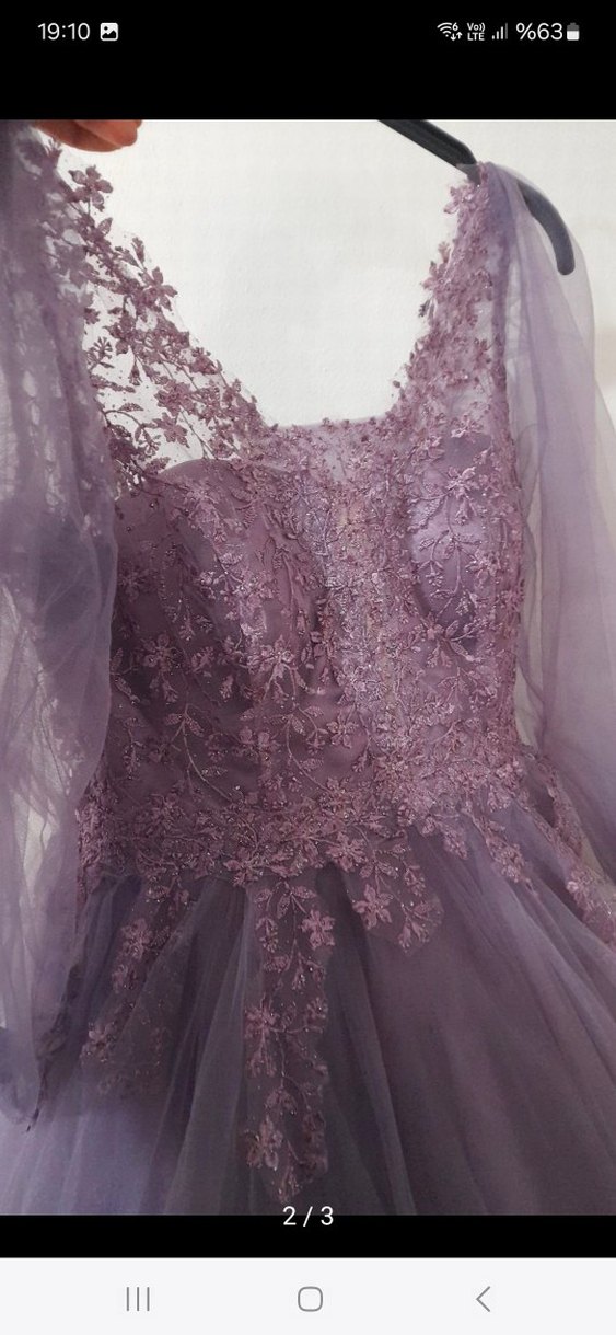 Lila Uzun Kollu Dantelli Bohem Nişan Elbisesi - Görsel 2