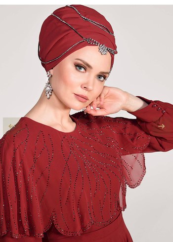 Bordo Drapeli Uzun Kollu Bohem Tesettür Elbise