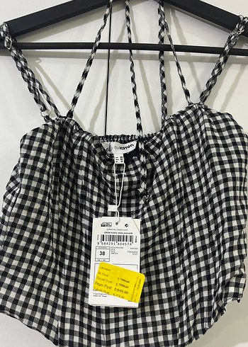 38 Beden siyah Renk Kadın Siyah Kareli İpli Crop Top