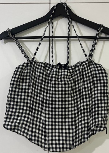 Kadın Siyah Kareli İpli Crop Top