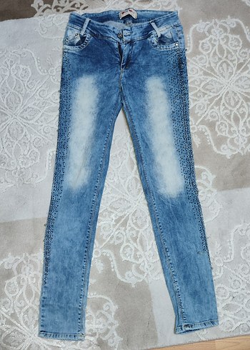 Diğer Düğmeli Mavi Nakışlı incili Kadın Kot taşlı pantolon VINTAGE
