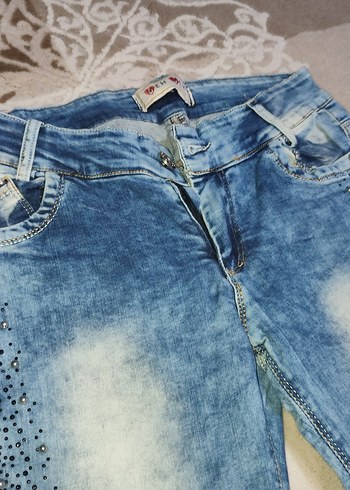 Düğmeli Mavi Nakışlı incili Kadın Kot taşlı pantolon VINTAGE