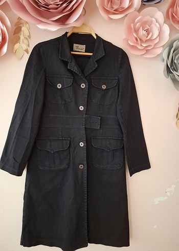 Diğer Düğmeli Siyah Uzun Denim Kadın Trençkot